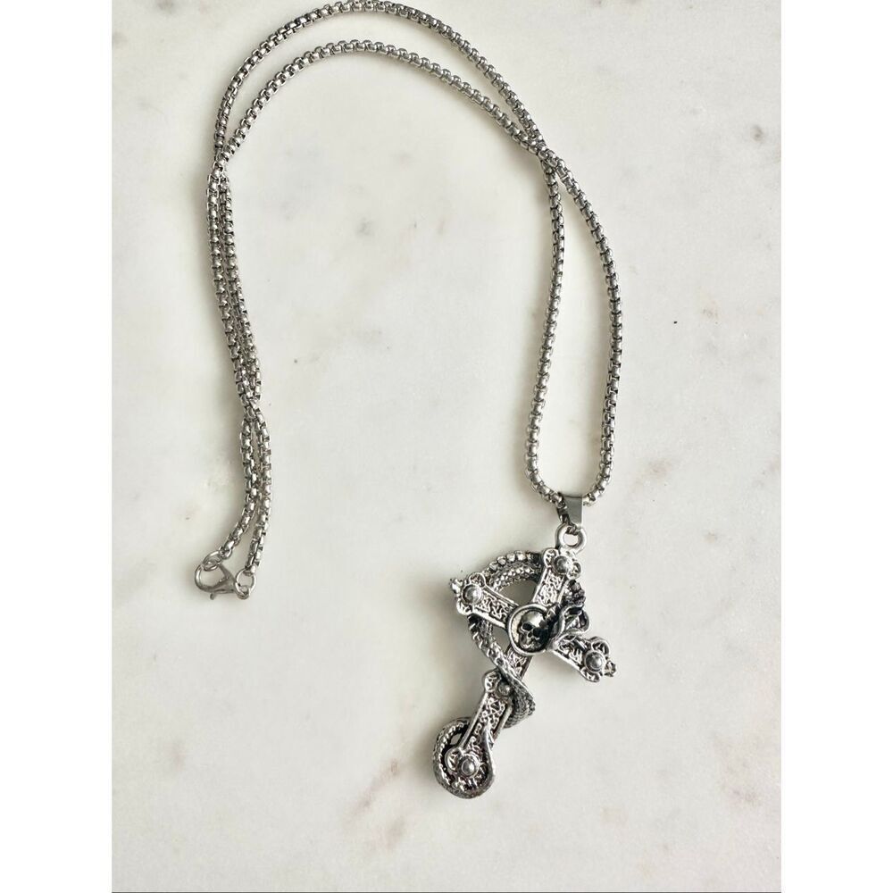 Dragon and skull gothic cross necklace